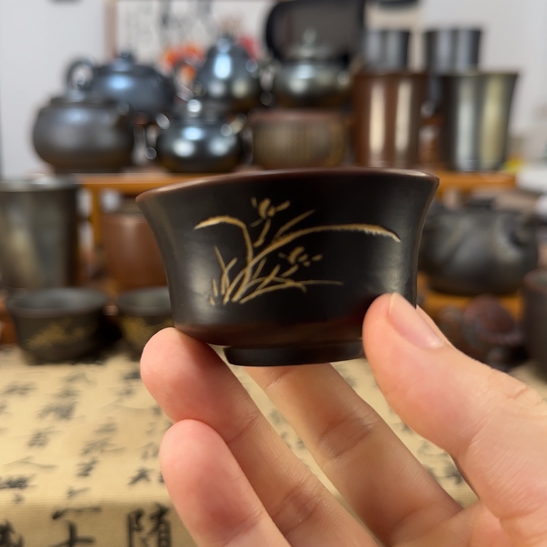 暗*坭兴陶电烧茶杯兰花