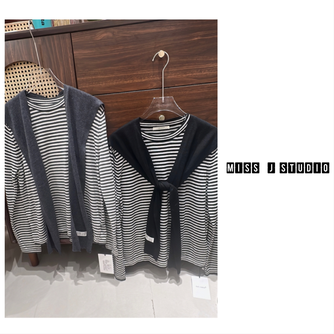 【MA201898】慵懒自恰·宽松休闲条纹针织衫+简约百搭披肩套装