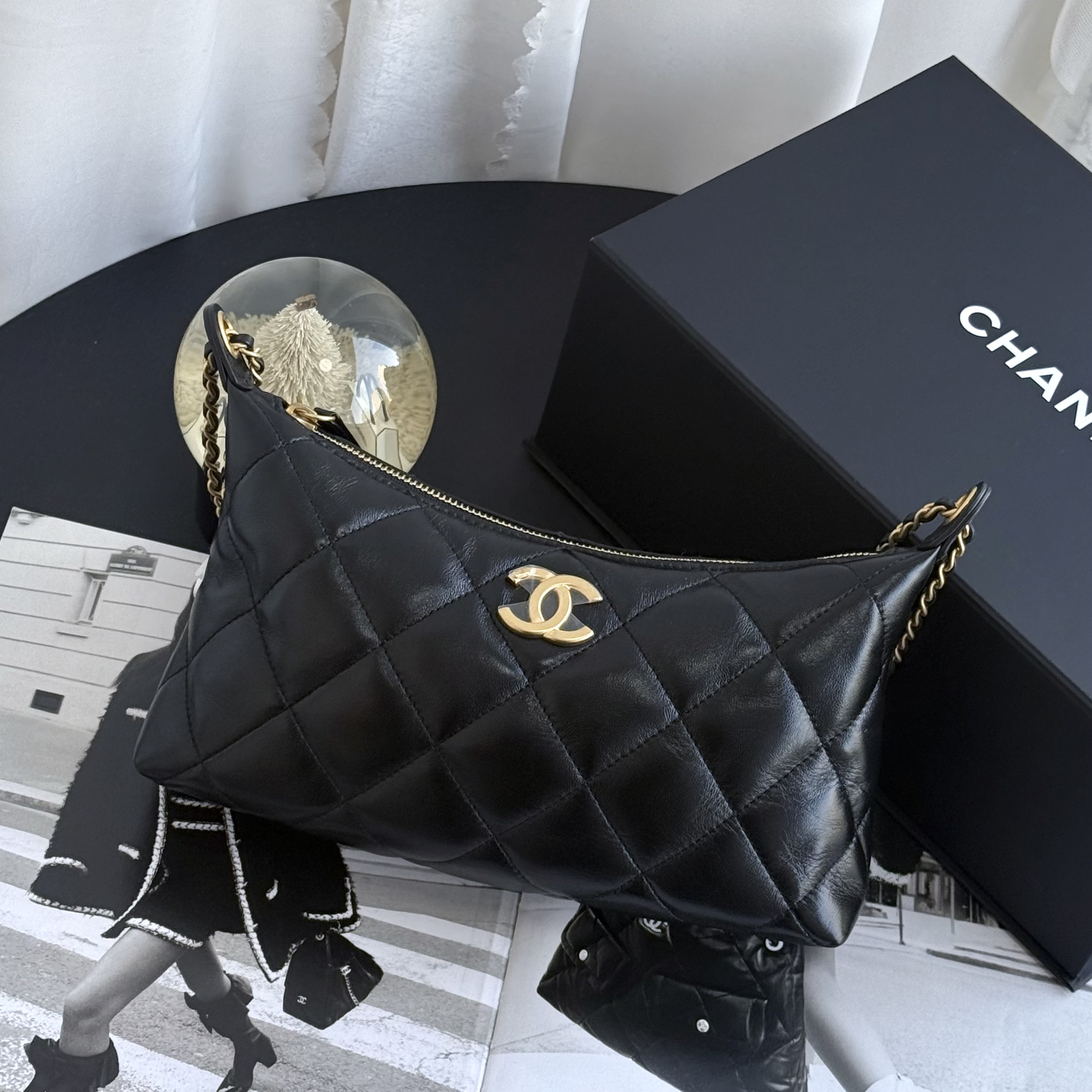 未使用 Chanel/香奈儿 香奈儿25S 黑金hobo小号单肩包 芯片款