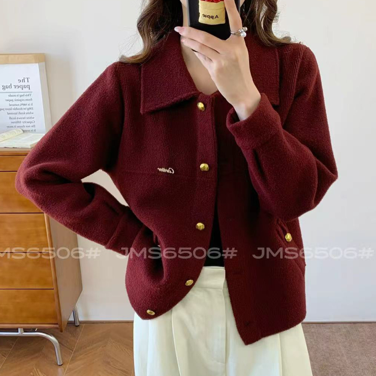 6506冬季新款时尚百搭纯色毛呢纽扣外套