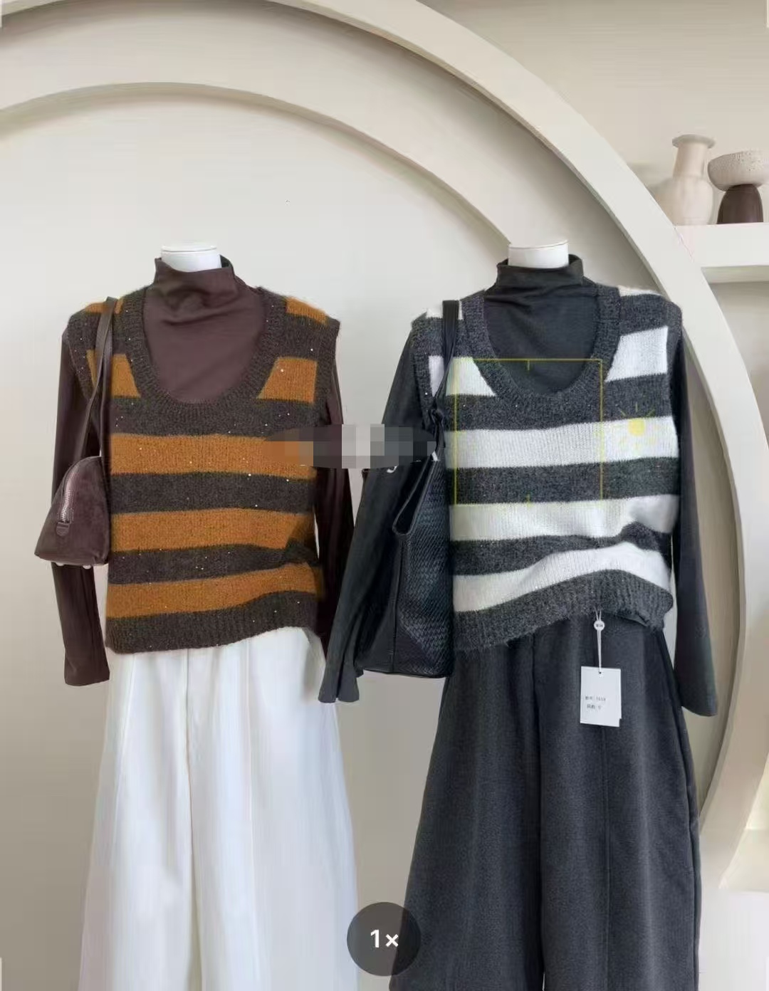 【1045  两件套】休闲针织条纹马甲两件套短款撞色学院风