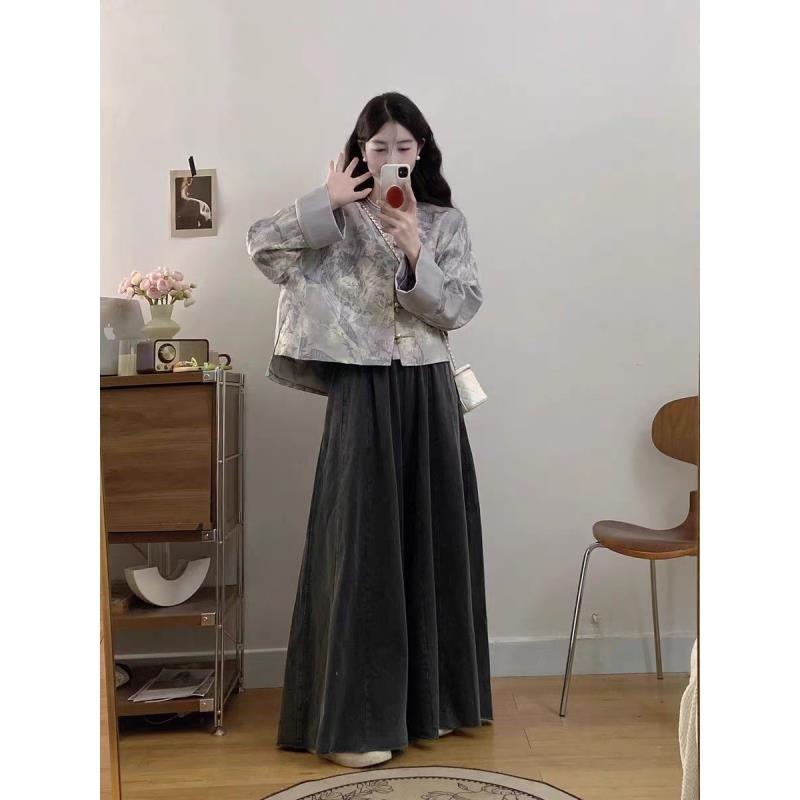 大码复古国风新中式两件套女气质印花外套高腰显瘦裙裤-25005
