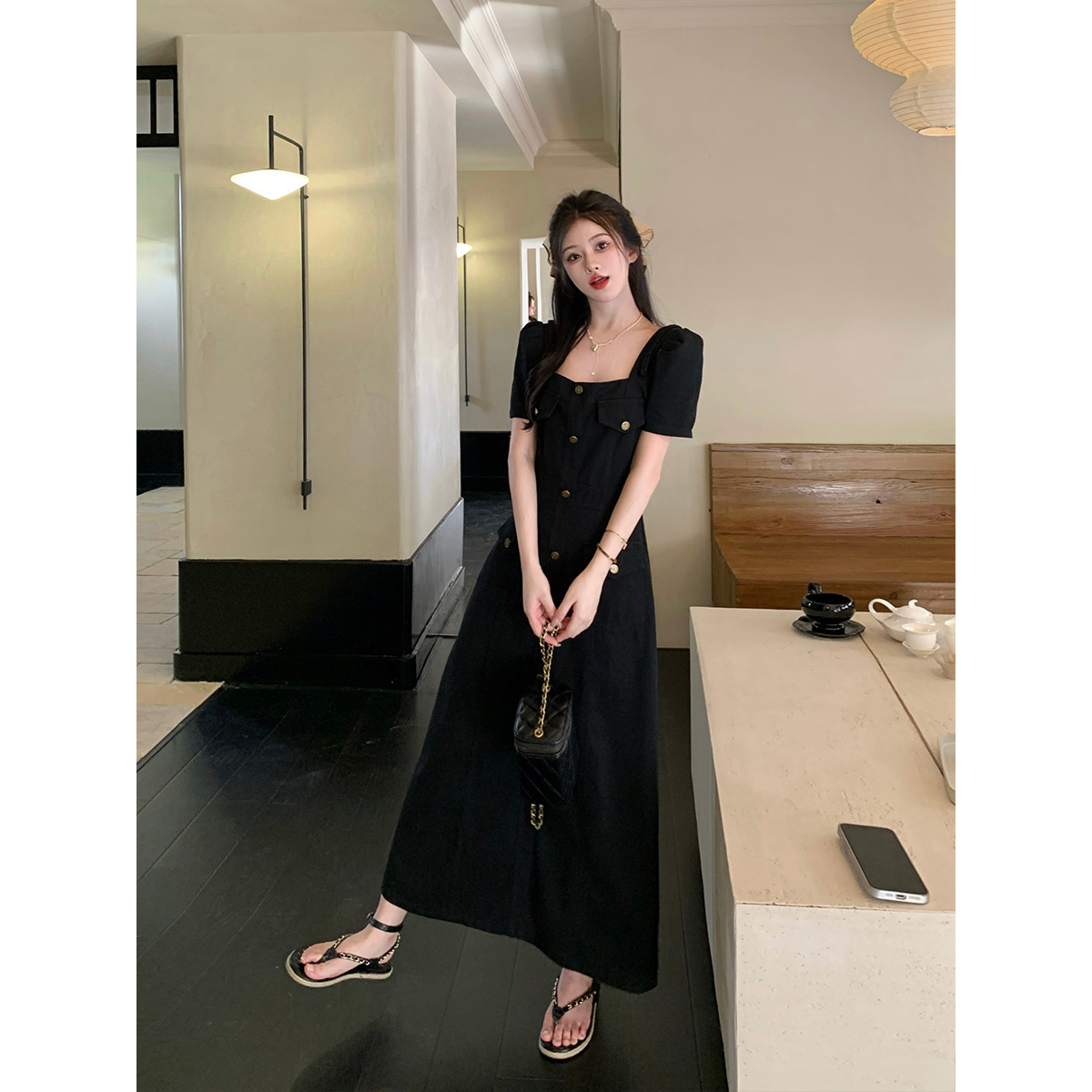 【小曹大码】翻领口袋牛仔长款连衣裙胖M藏肉黑色牛仔裙女-LK3013
