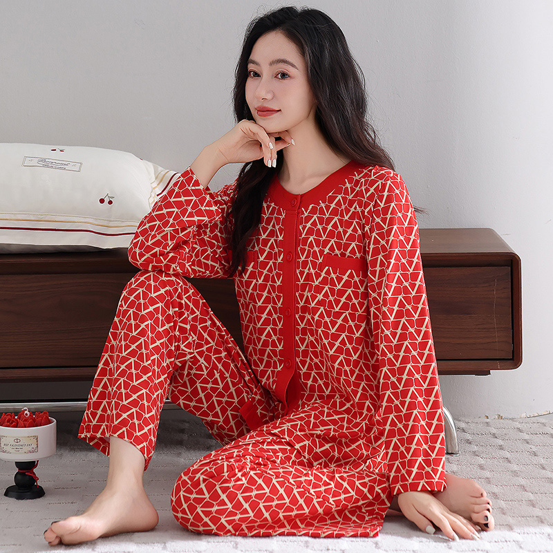 芬腾可安弹力棉秋冬睡衣千鸟格小香风女圆领开衫长袖家居服套装