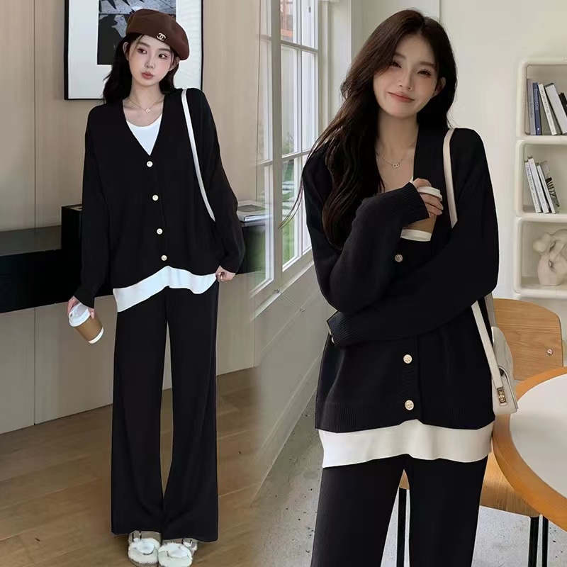 名媛炸街轻熟高级感欧货时尚两件套秋冬休闲风慵懒风针织拼接套装