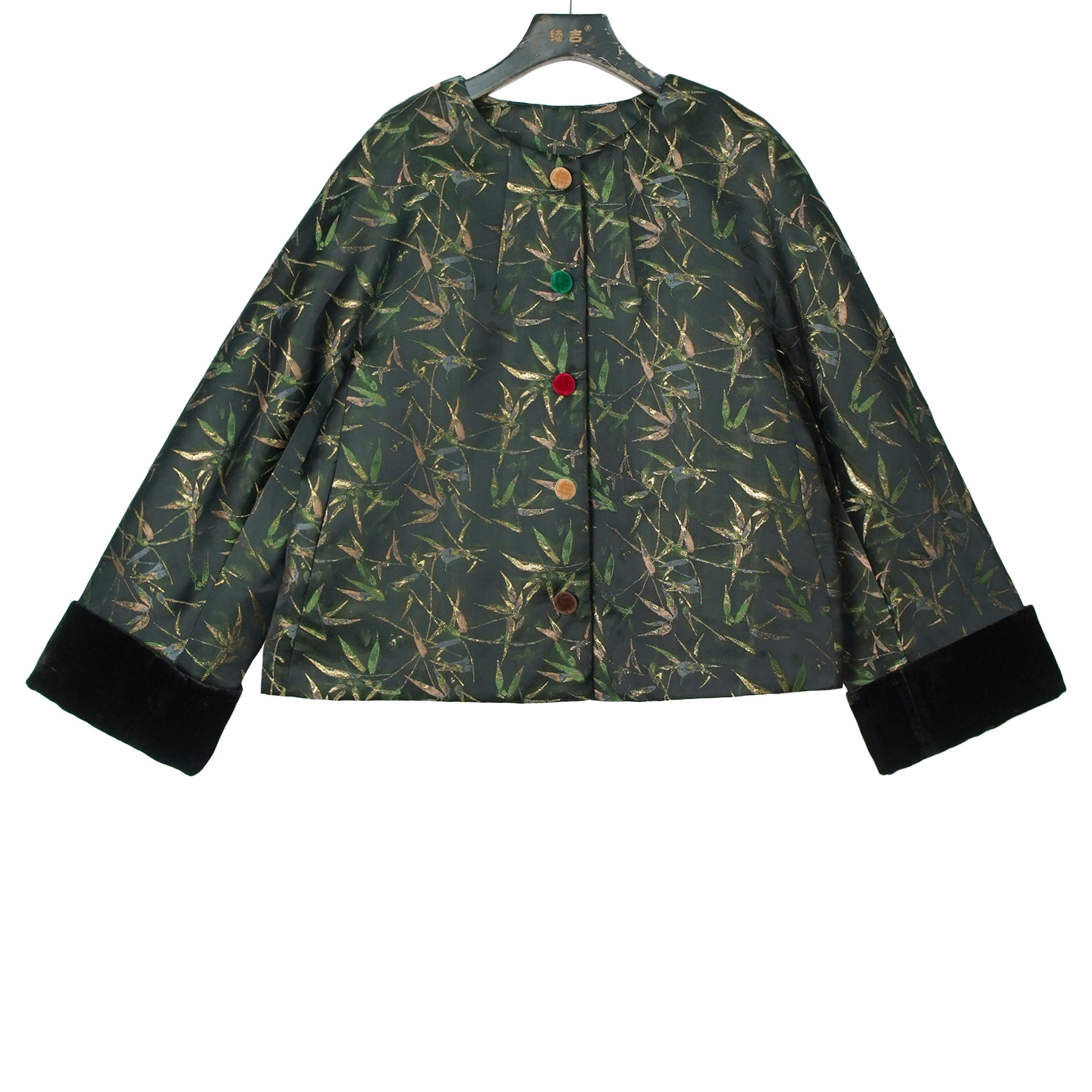 原创设计24-1991【金竹伴落月】彩扣圆领竹叶烫金中式宽松羽绒服
