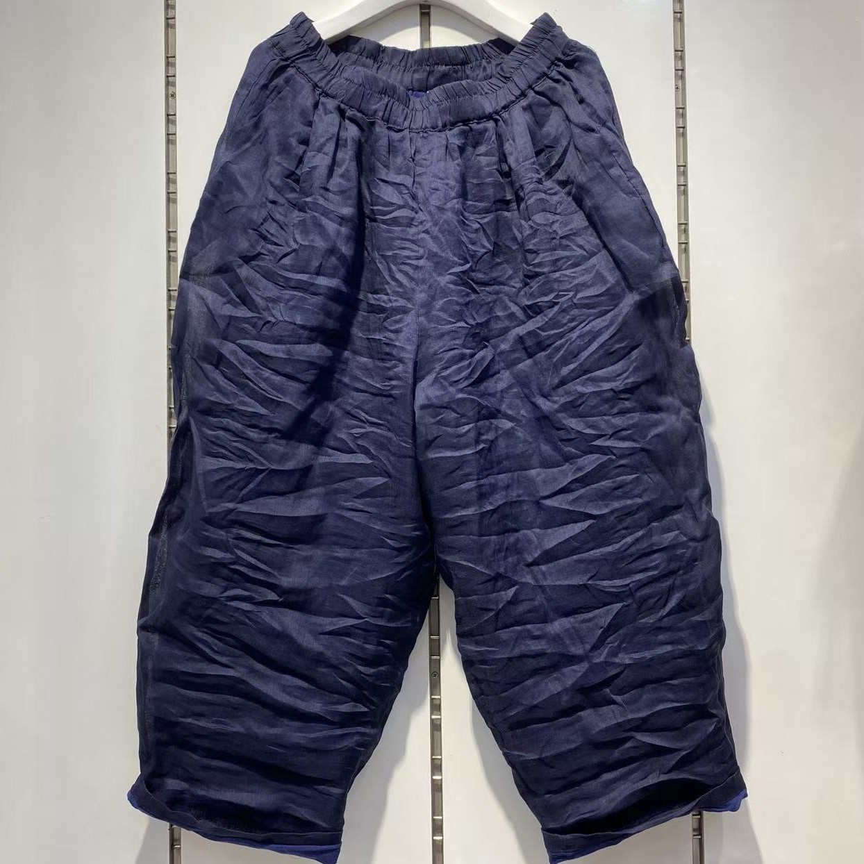 秋装新款纯苎麻100织时尚大码宽松纯色百搭双层有兜松紧腰老爹裤