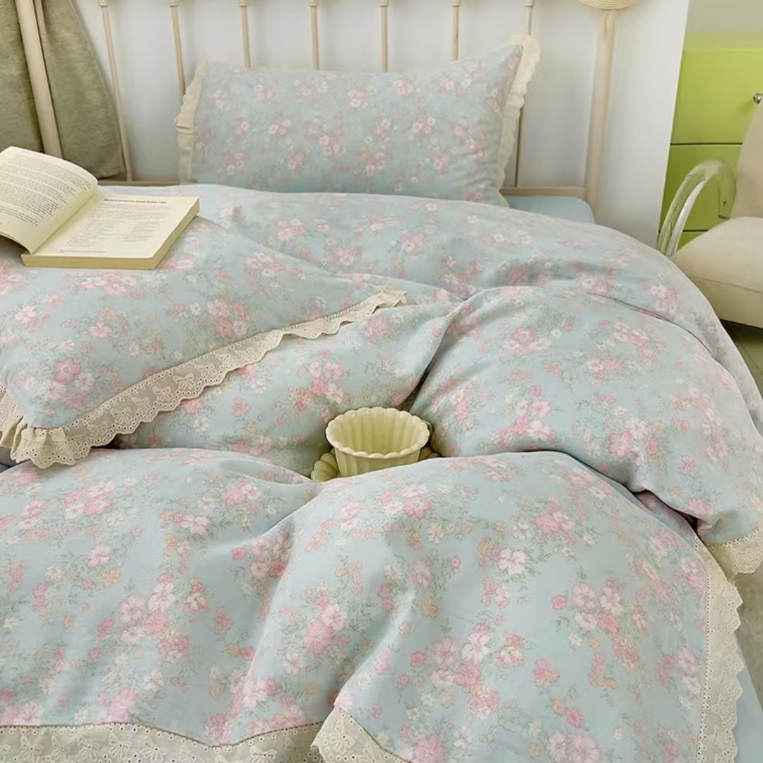 【小苍兰花边夏凉被四件套】四季柔软ins风针织双层纱夏凉被四件套