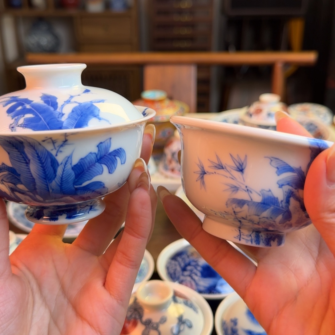 杯重工花鸟蕉叶盖碗加杯子纯手绘