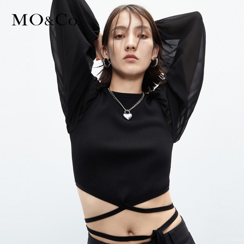 【陈大可专属】MOCO秋针织拼接高腰短款绑带针织衫轻职场MBC3SWTT12