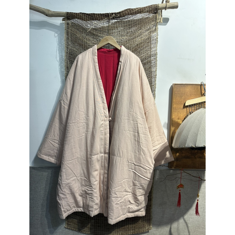 淡然 砂洗亚麻内绗线夹棉一粒扣亚麻棉服