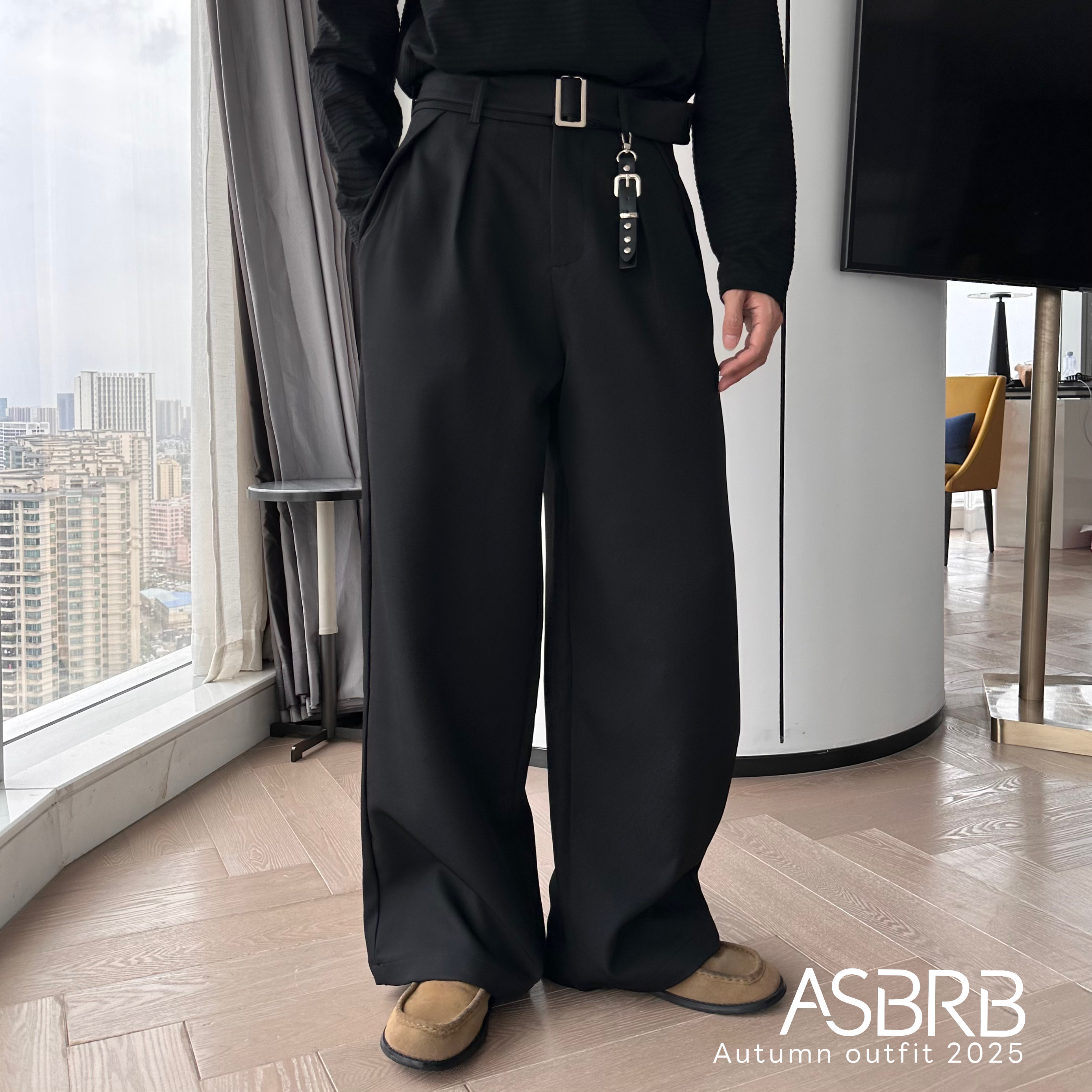 【ASHENG BRB】25A/W高级感cleanfit黑色腰带西裤男宽松腰饰西裤