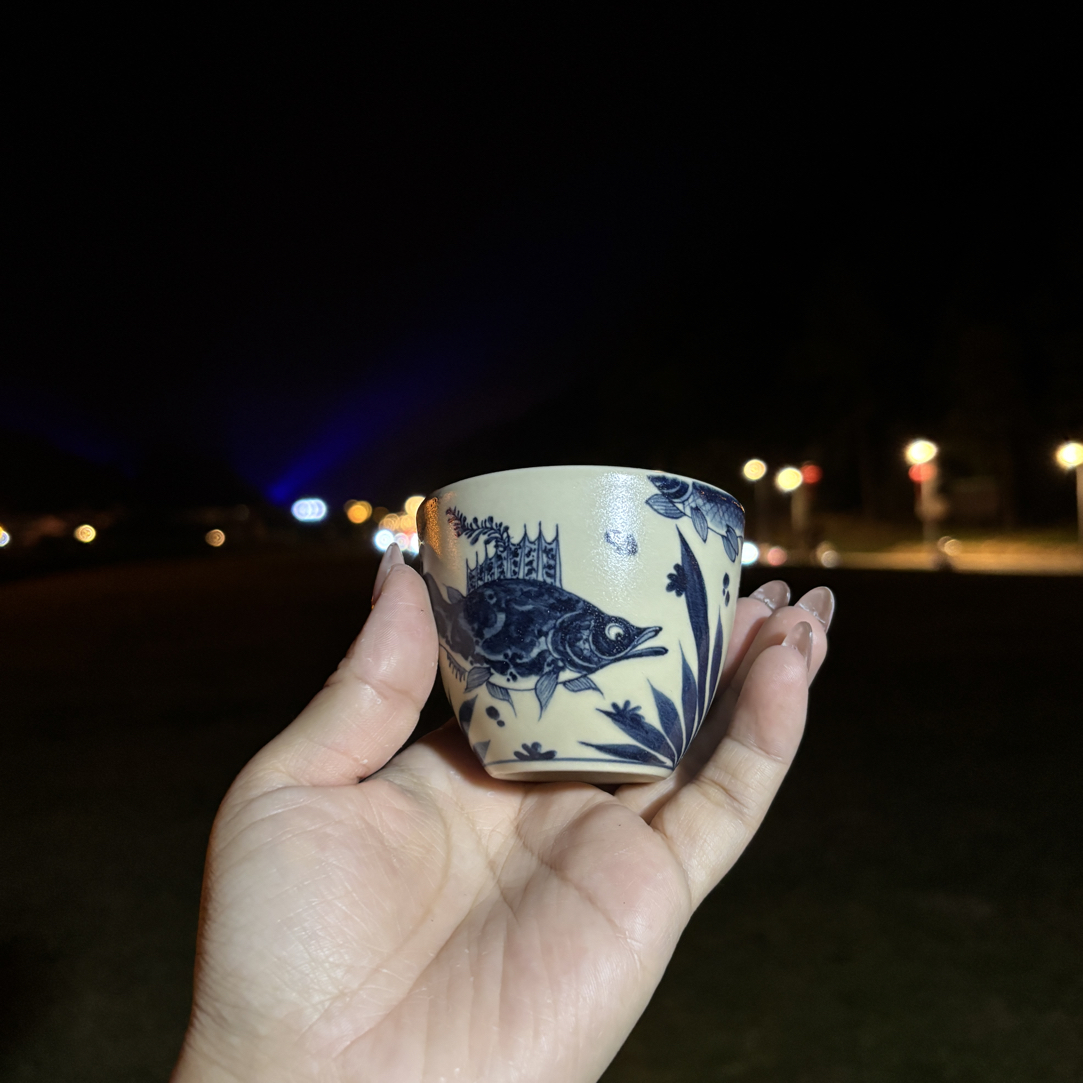幽蓝溪堂景德镇陶瓷手工手绘仿元二号釉系列鱼藻纹主人杯茶杯茶具