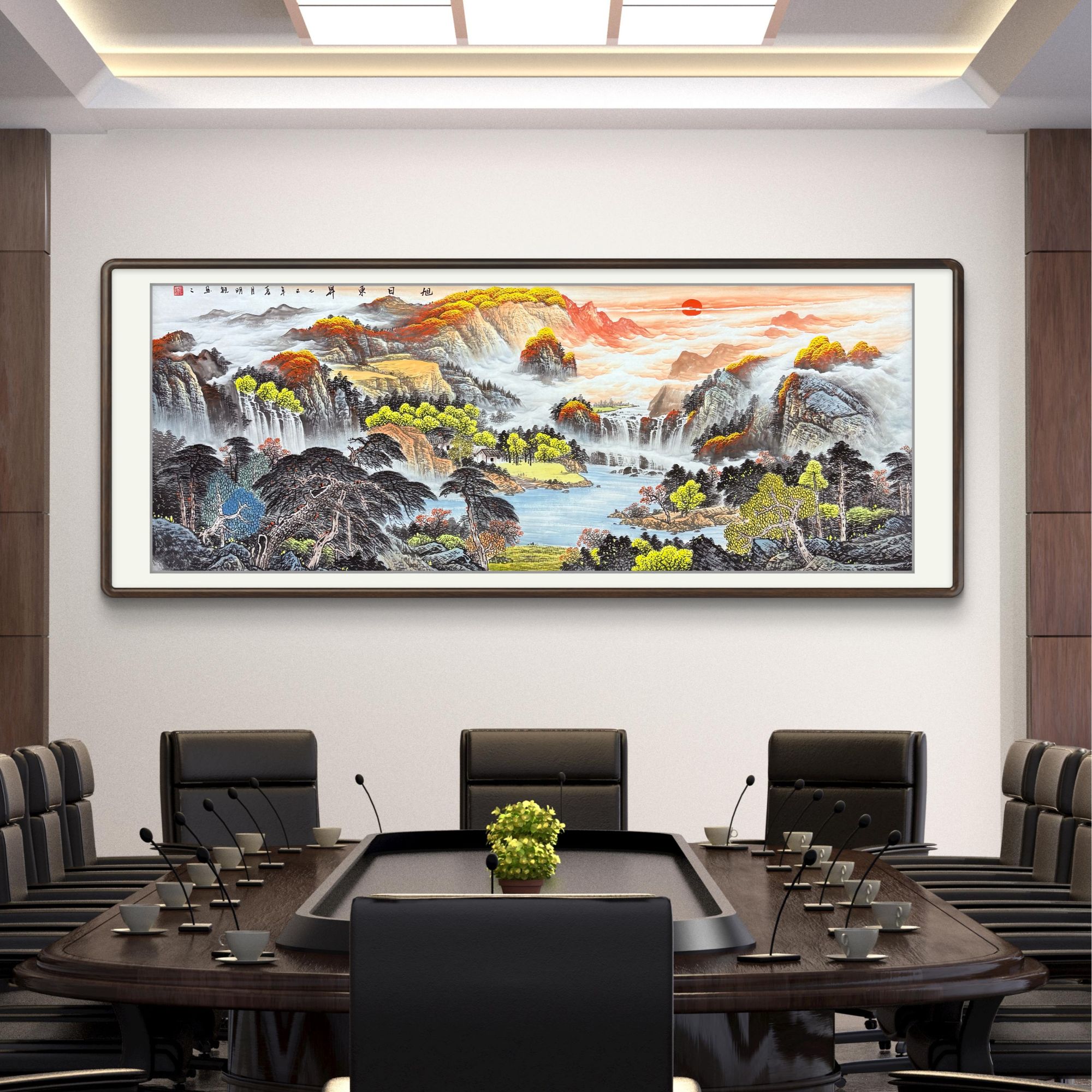 金山《旭日东升》手绘六尺横幅山水客厅国画作品背景文玩