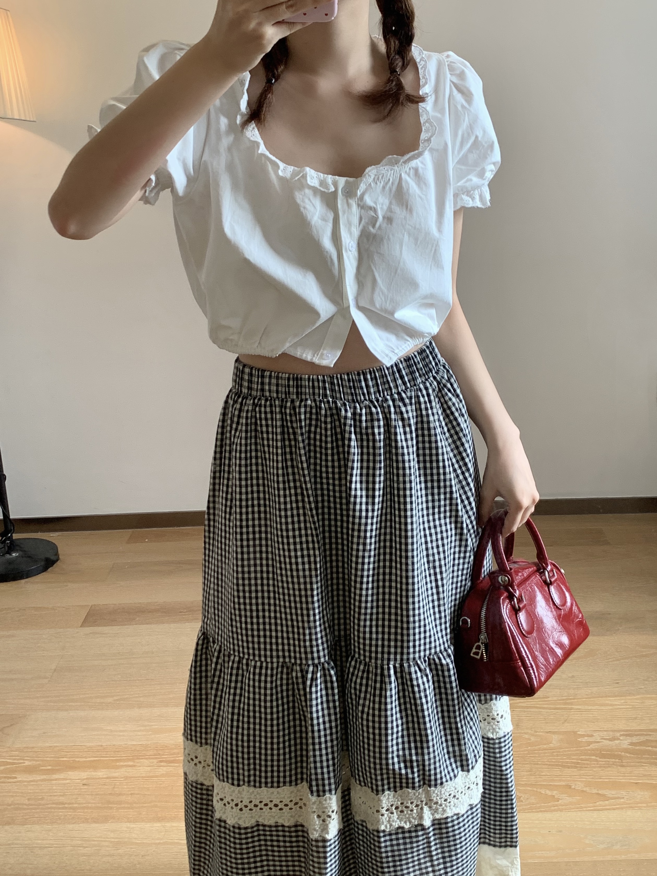 复古法式少女泡泡袖格子半裙套装