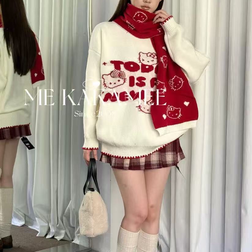 白色毛绒字母小猫秋季卡通印花卫衣百搭休闲宽松