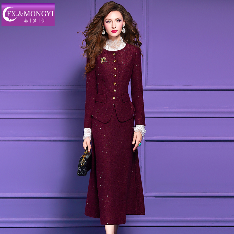 菲梦伊含羊毛亮片红色毛呢套装女秋冬新款小香风外套半裙66433