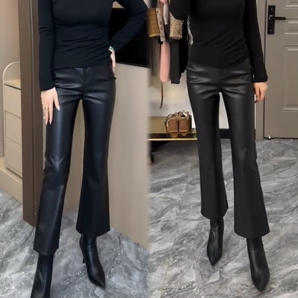 欧货高腰加绒直筒微喇叭裤九分皮裤女时尚百搭显瘦秋冬必备仿皮裤