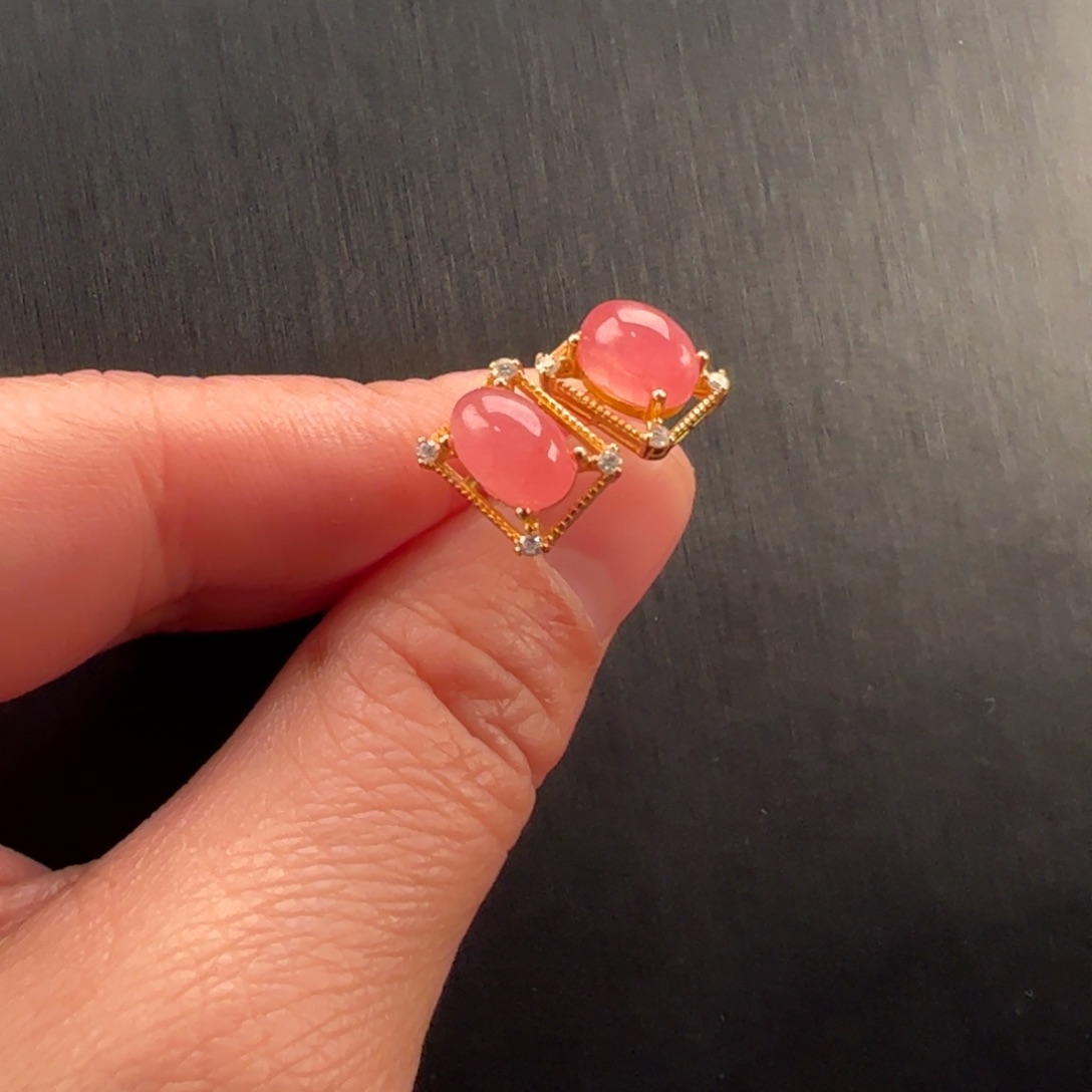 银S925镶嵌菱锰矿（红纹石）耳钉