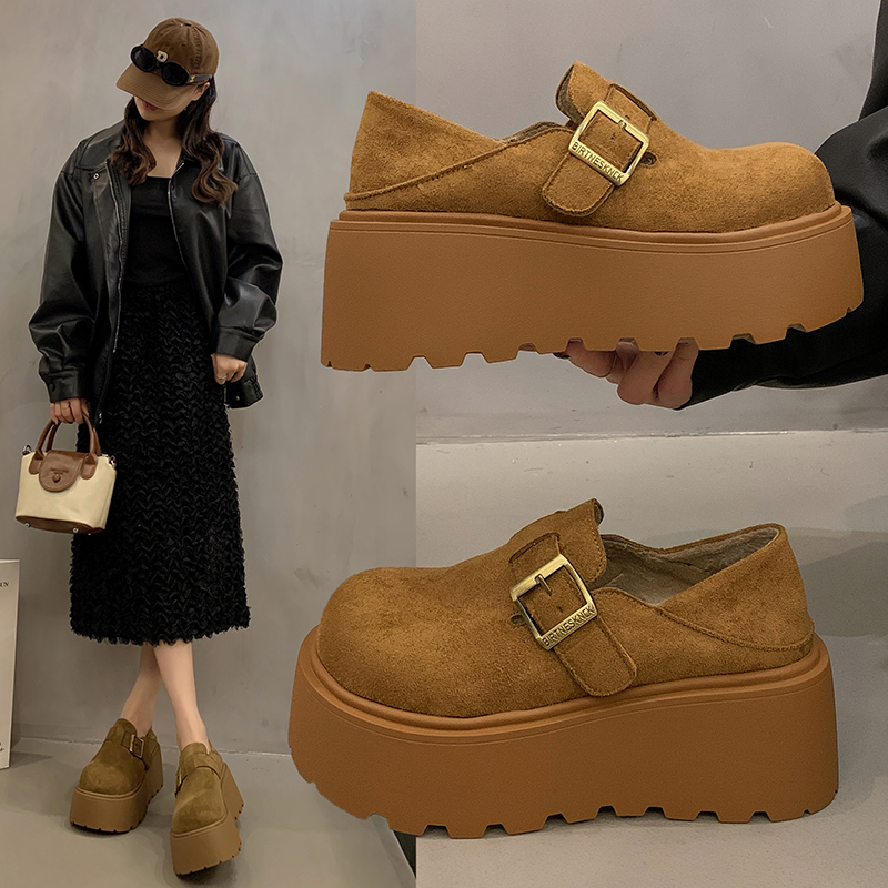 松糕厚底增高勃肯鞋女2024新款秋冬季一脚蹬乐福鞋加绒博肯二棉鞋