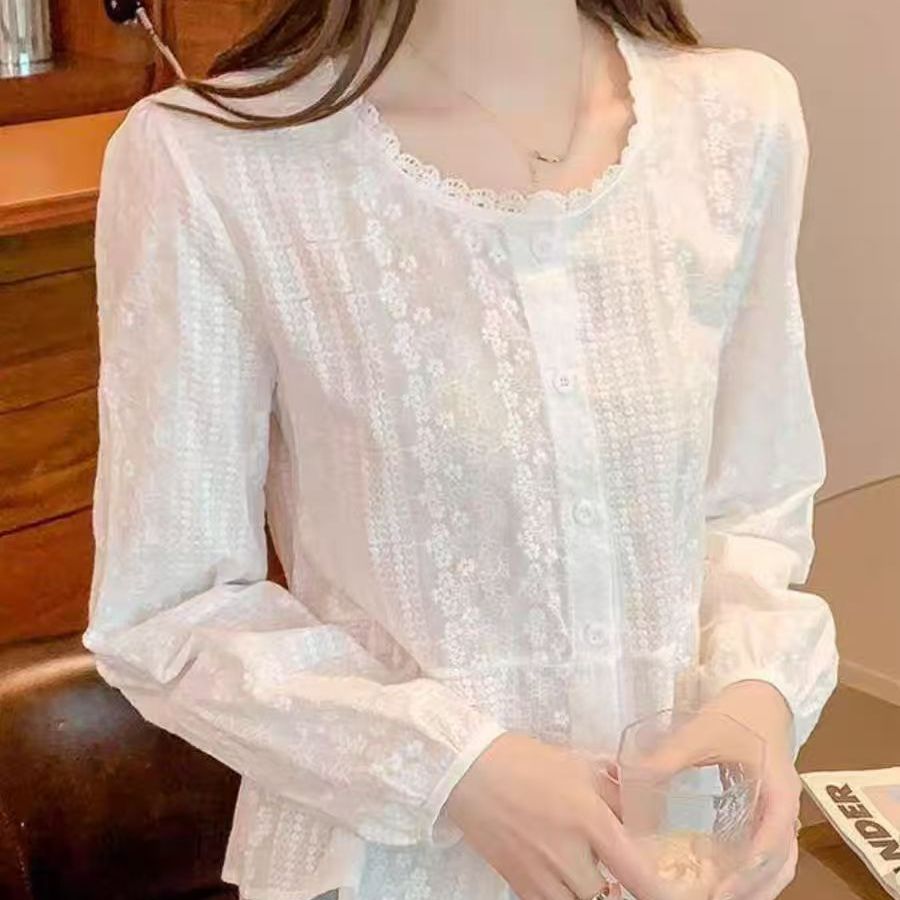 精致刺绣蕾丝花边领单排扣衬衫女新款宽松显瘦百搭上衣G21