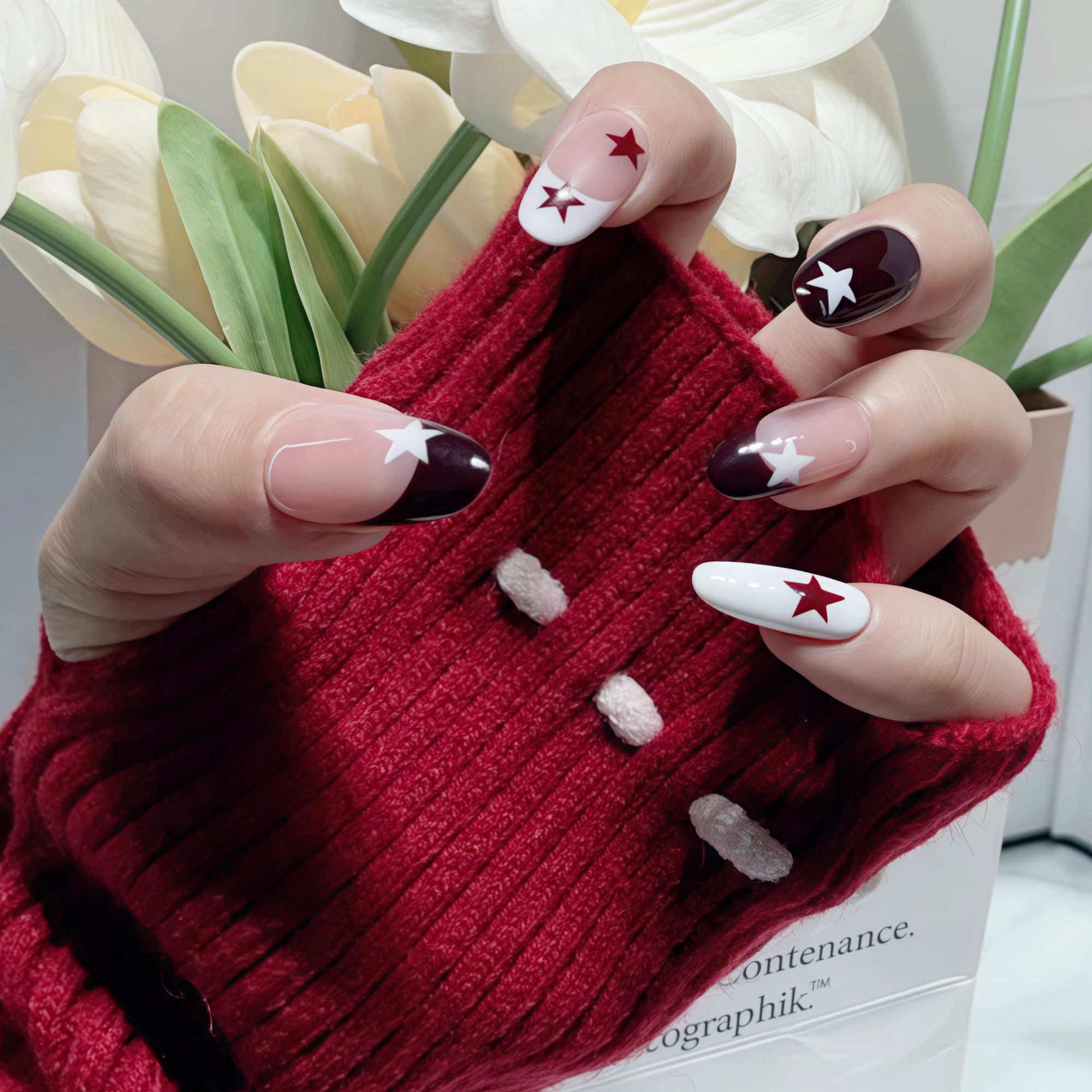 【甜酷星辰】052黑白星芒法式红白星星点缀简约酷飒风手工穿戴甲