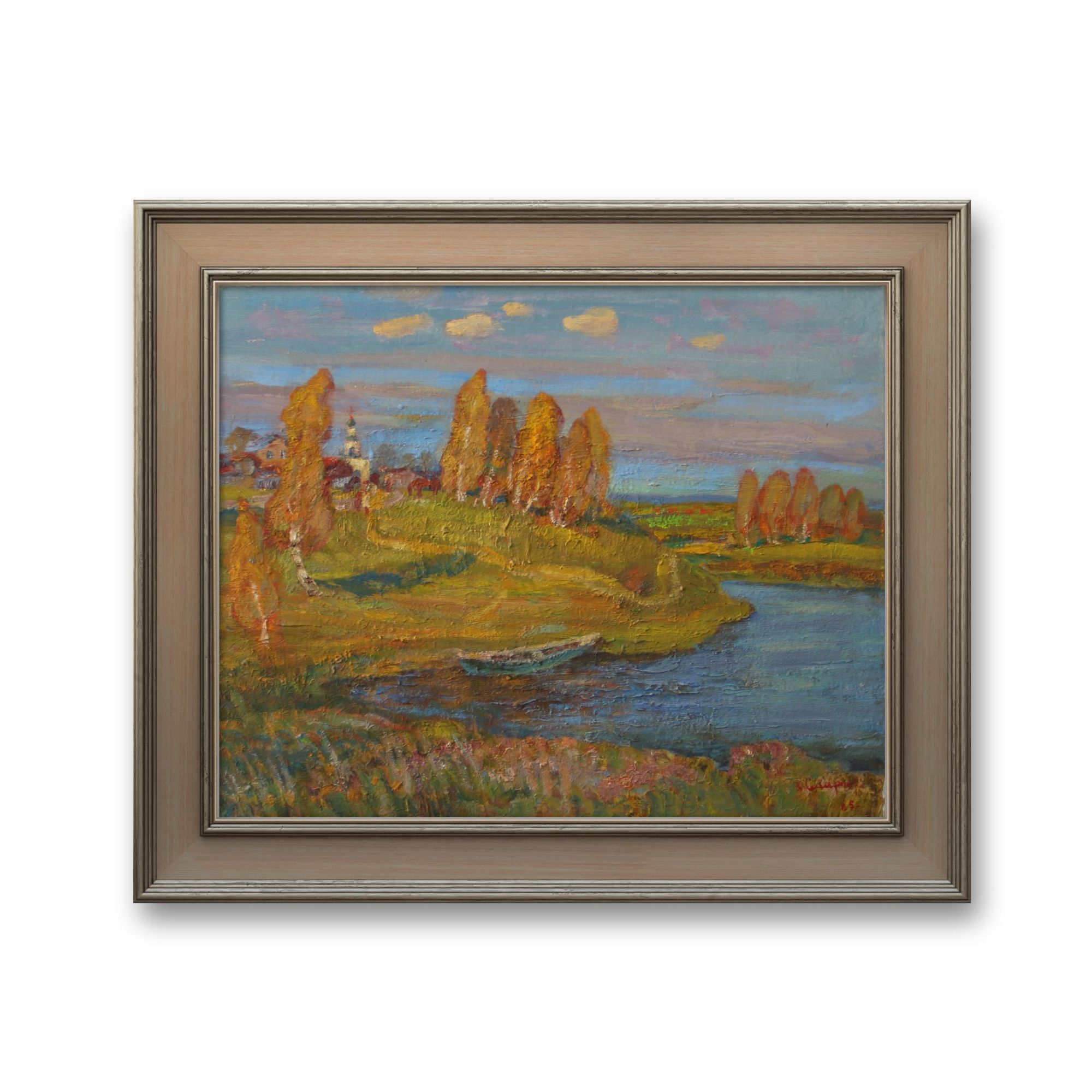 俄罗斯原创手绘油画斯米尔诺夫《克利亚济马河畔》50x61cm 1989年
