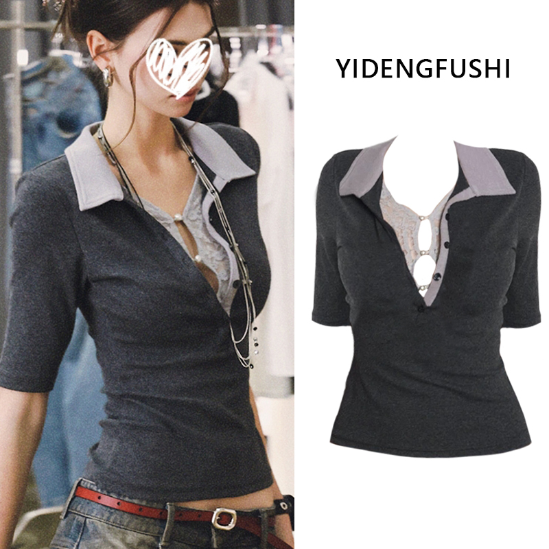 艺等YIDENG时尚洋气假两件翻领长袖T恤独特设计感修身别致打底衫