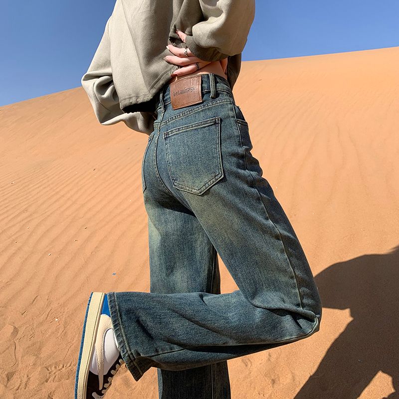 LF水泥灰窄版直筒牛仔裤女新款新款今年流行爆款加绒高腰阔腿裤