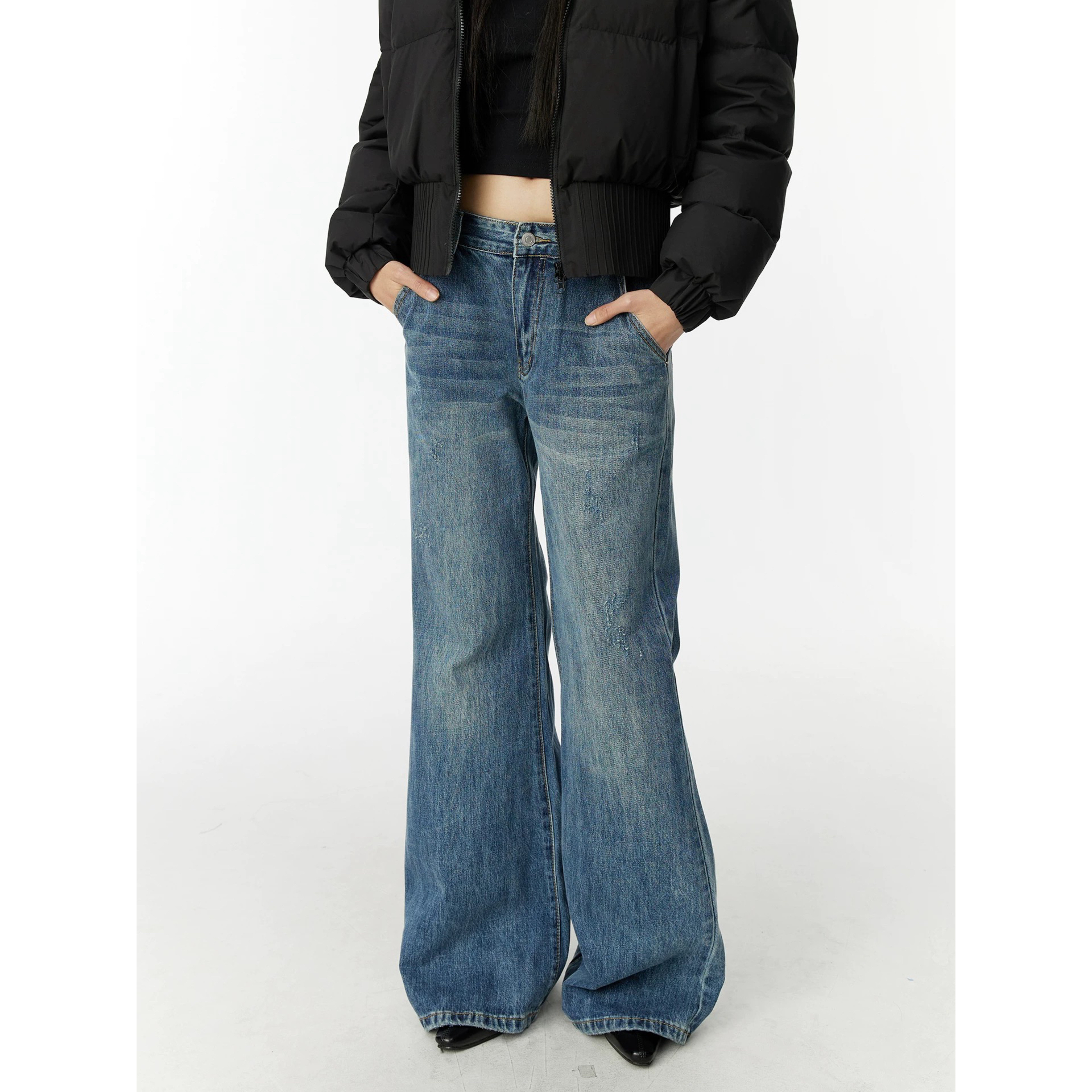 美式水洗微喇牛仔裤女街头cleanfit直筒裤显瘦百搭休闲裤AKZ149