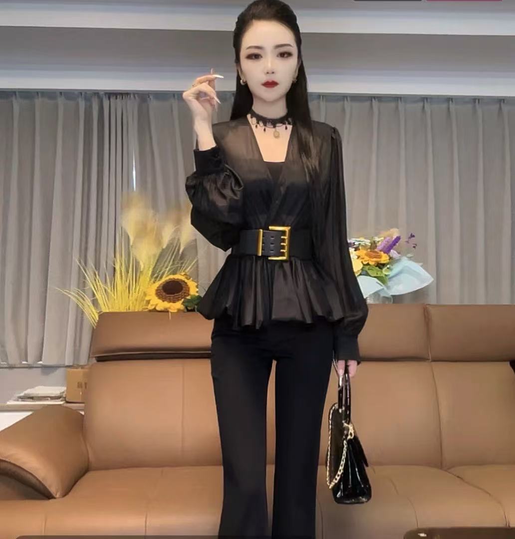 网红新款时髦重工v领纯色宽松显瘦气质收腰长袖衬衫女285#