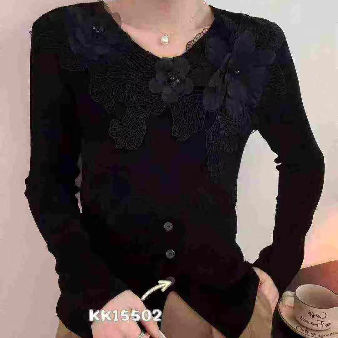 秋季冬季常规款V领针织毛针织衫黑色蕾丝长袖气质