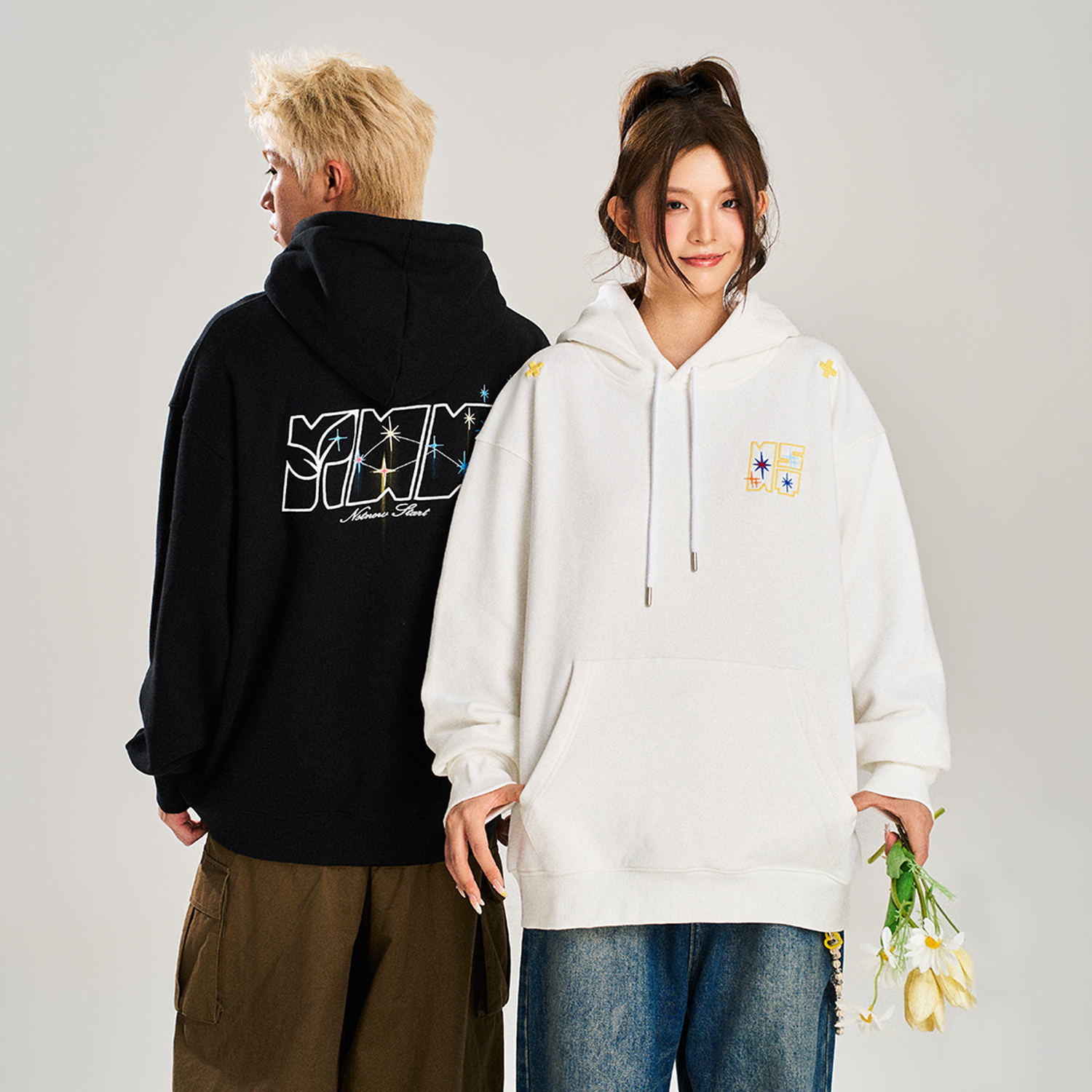NSTNEW START发芽计划幻影十字星刺绣宽松连帽卫衣男女同款帽衫