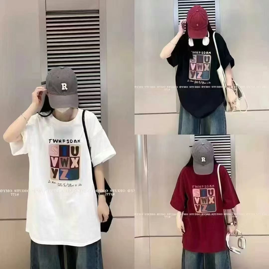 滨莉家【字母印花】慵懒风宽松圆领中长款T恤