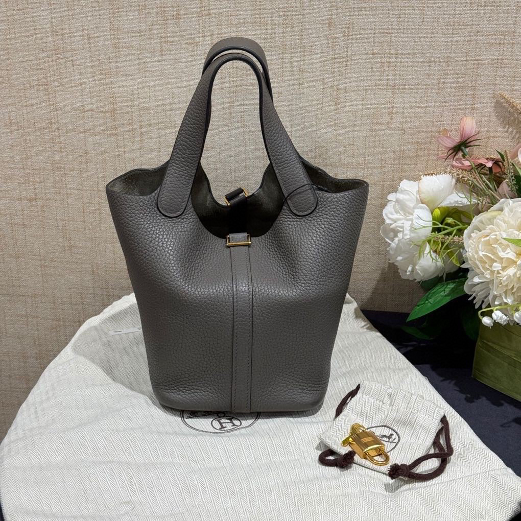 95新 Hermes/爱马仕 菜篮子18 锡器灰金扣手提包 D刻 