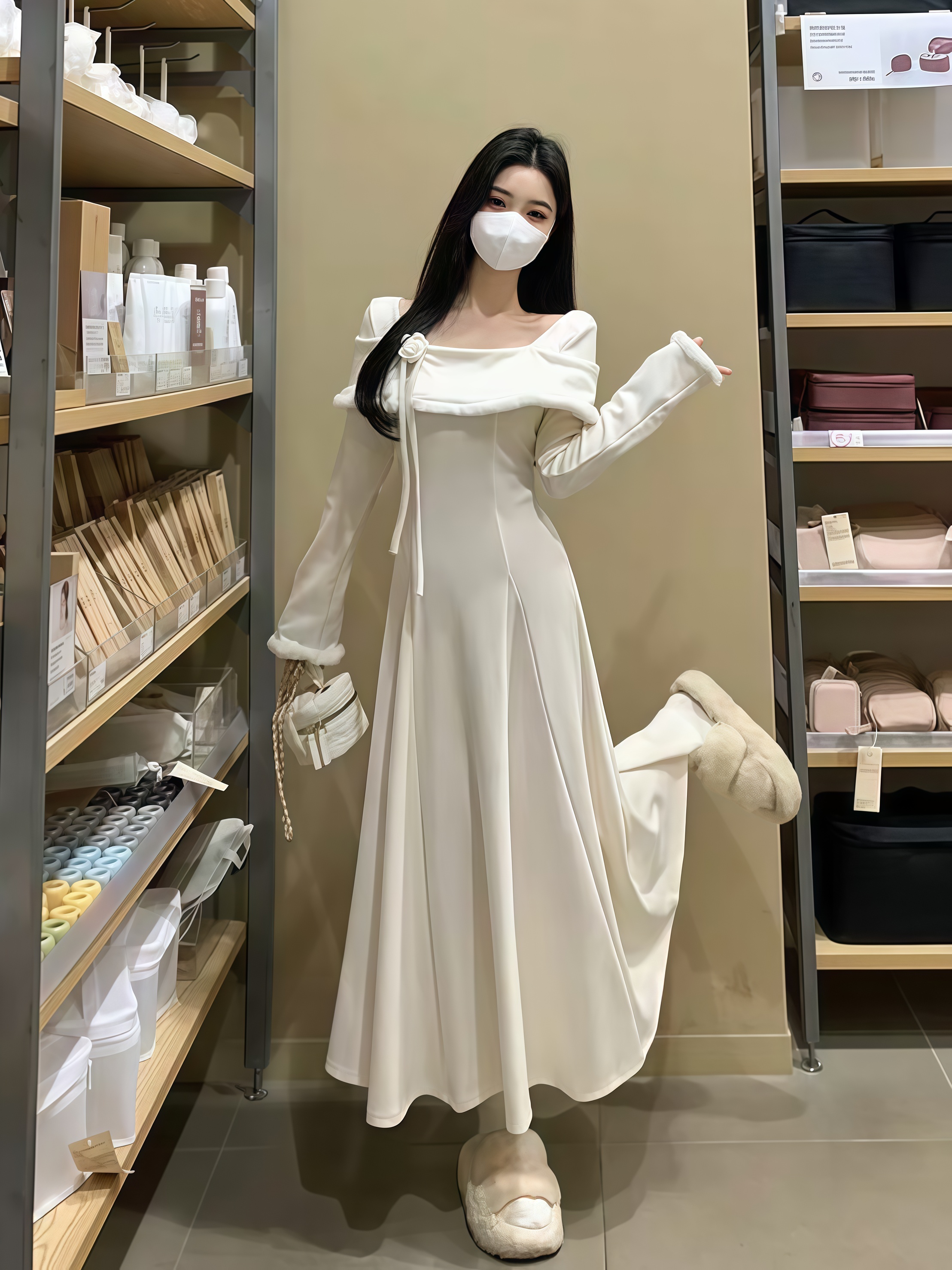 大码法式温柔风方领连衣裙秋冬胖mm显瘦收腰内搭打底气质大摆裙子