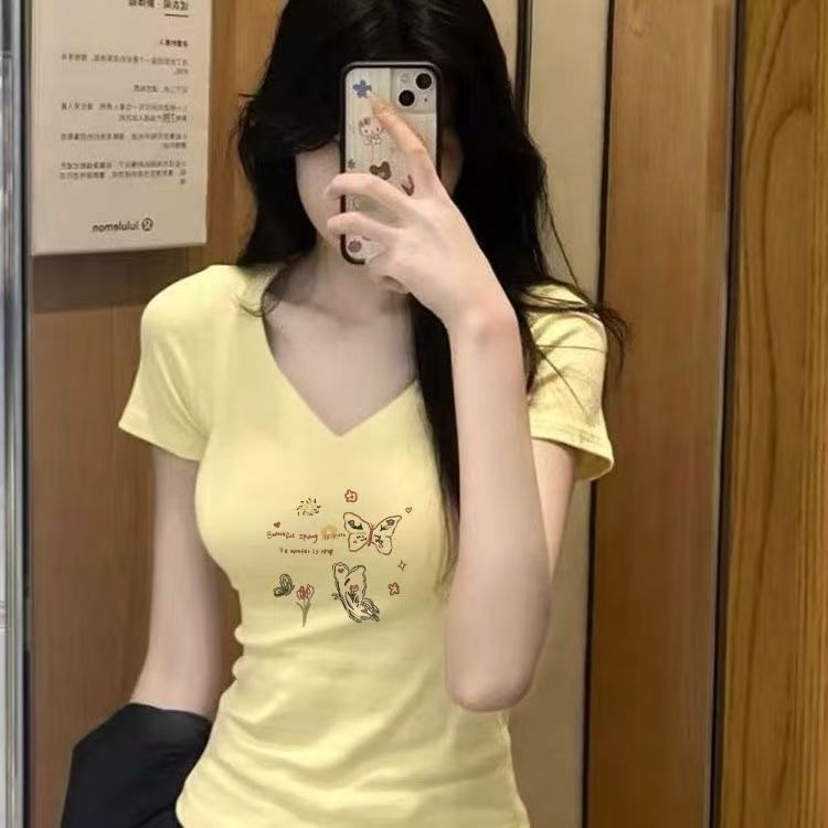 INS风数字短袖女款奶黄收腰T恤印花撞色气质性感百搭显瘦修身上衣
