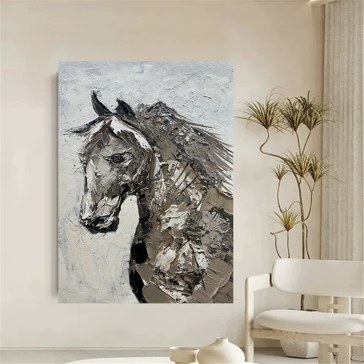 纯手绘油画玄关装饰画现代简约书房挂画骏马抽象肌理画