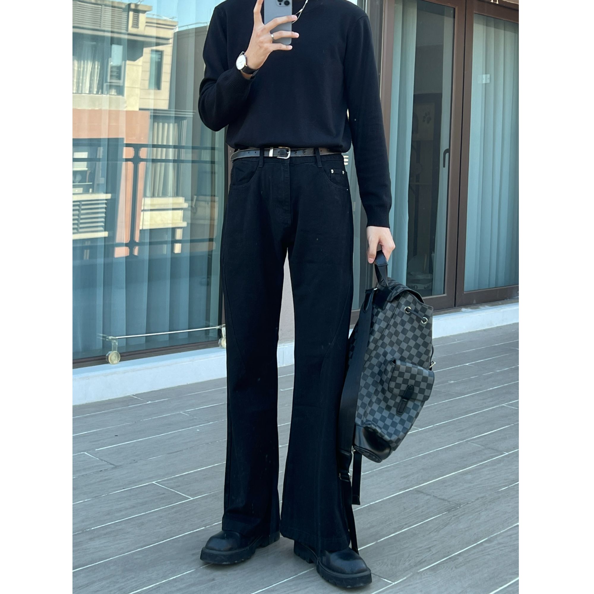 乔沐百搭美式复古cleanfit显瘦显高宽松做旧牛仔裤男水洗微喇叭