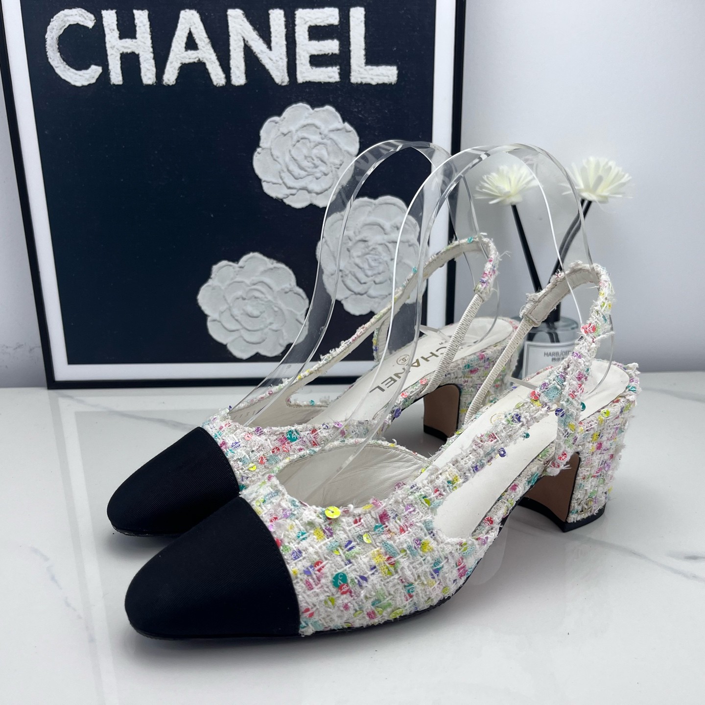 99新 Chanel/香奈儿 c彩色亮片花呢高跟鞋 38.5码/jm01322