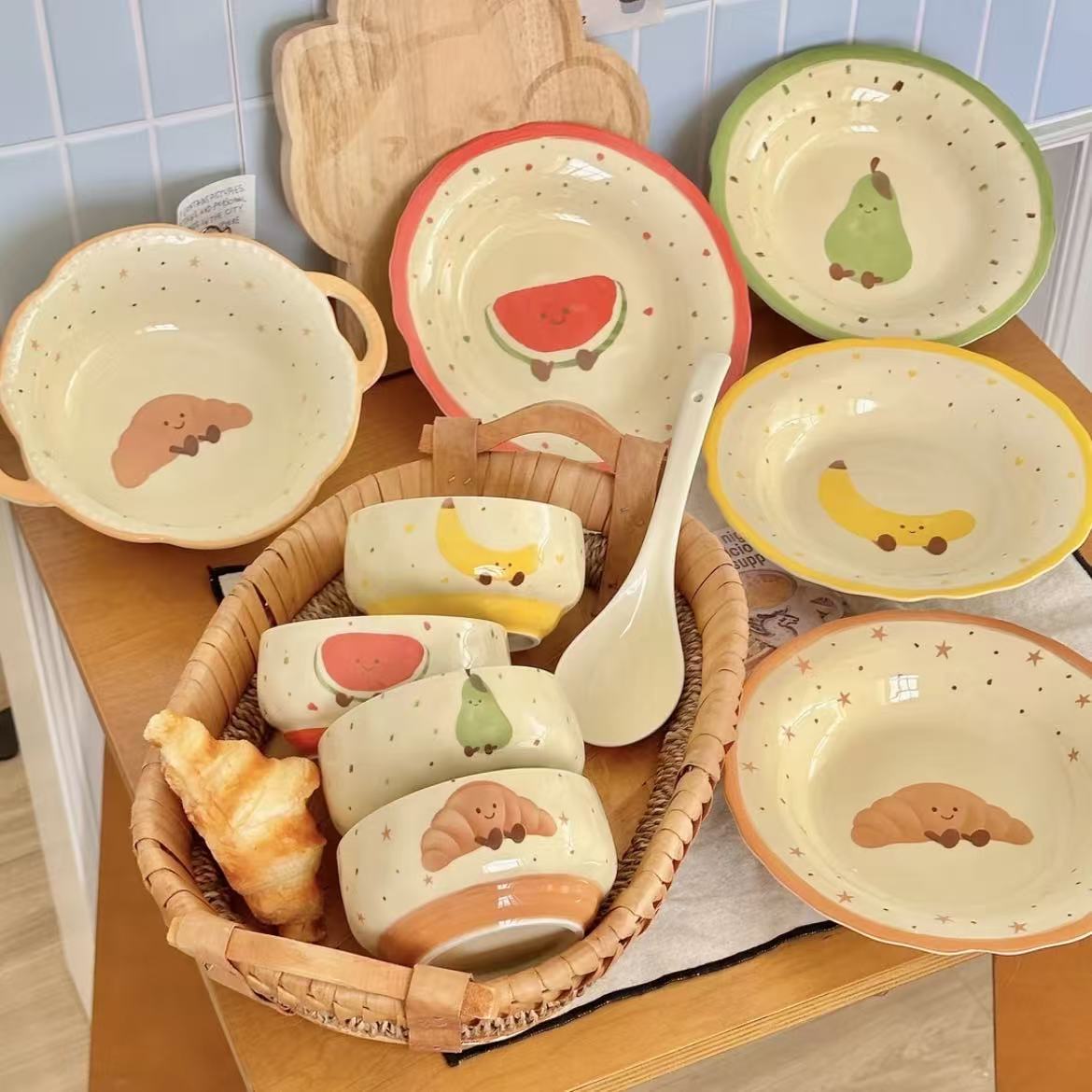 【10件套】水果可颂陶瓷釉下彩米饭碗圆盘深盘双耳汤碗套装超实用