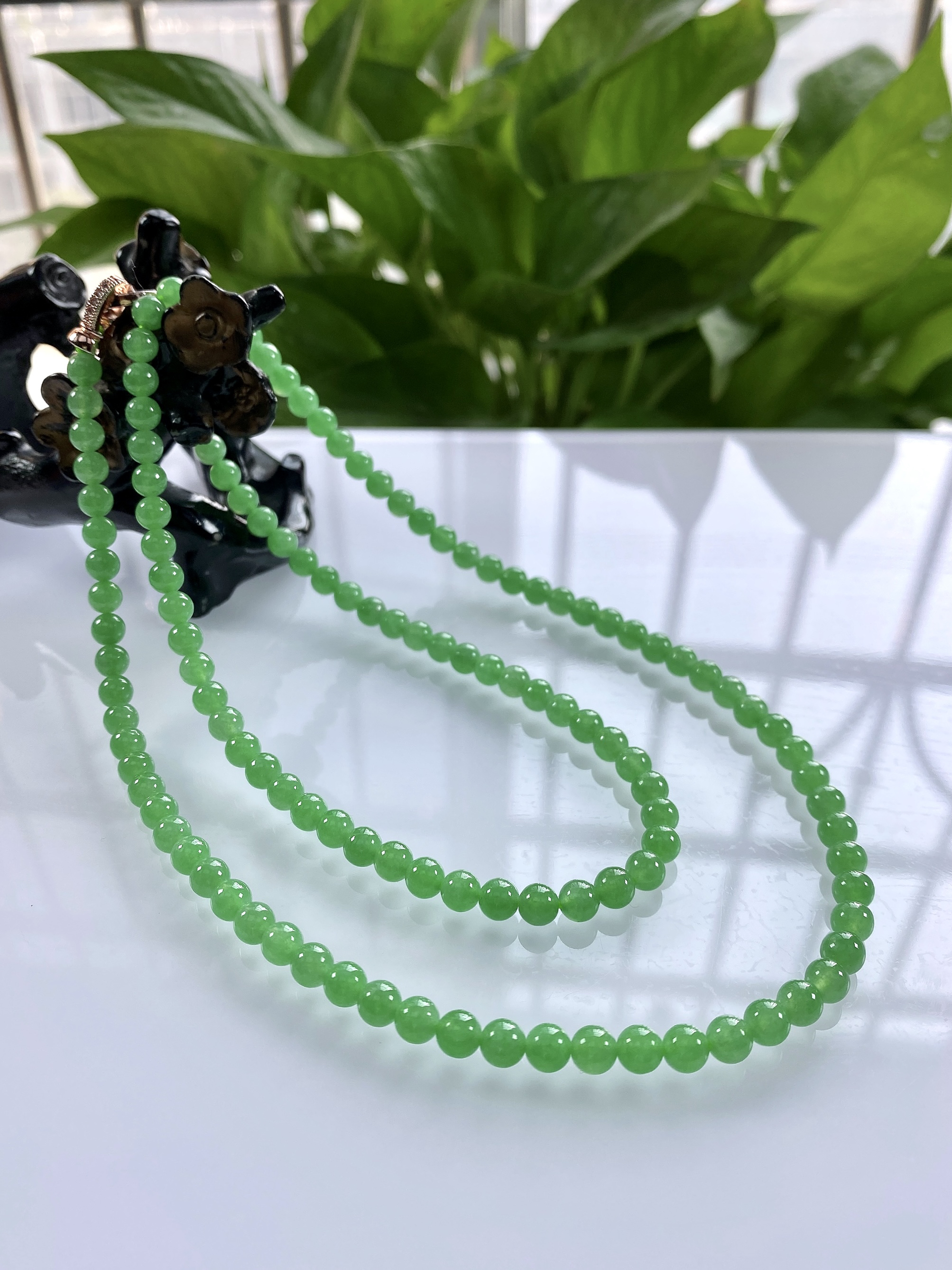 缅甸天然翡翠A货，卡5.2冰种起胶满绿冰绿圆珠项链手链32