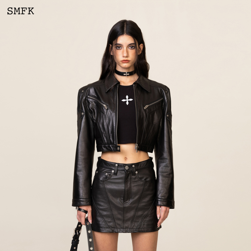 SMFK舞团短身山羊皮夹克 CG009B 短款廓形复古时髦翻领皮衣外套
