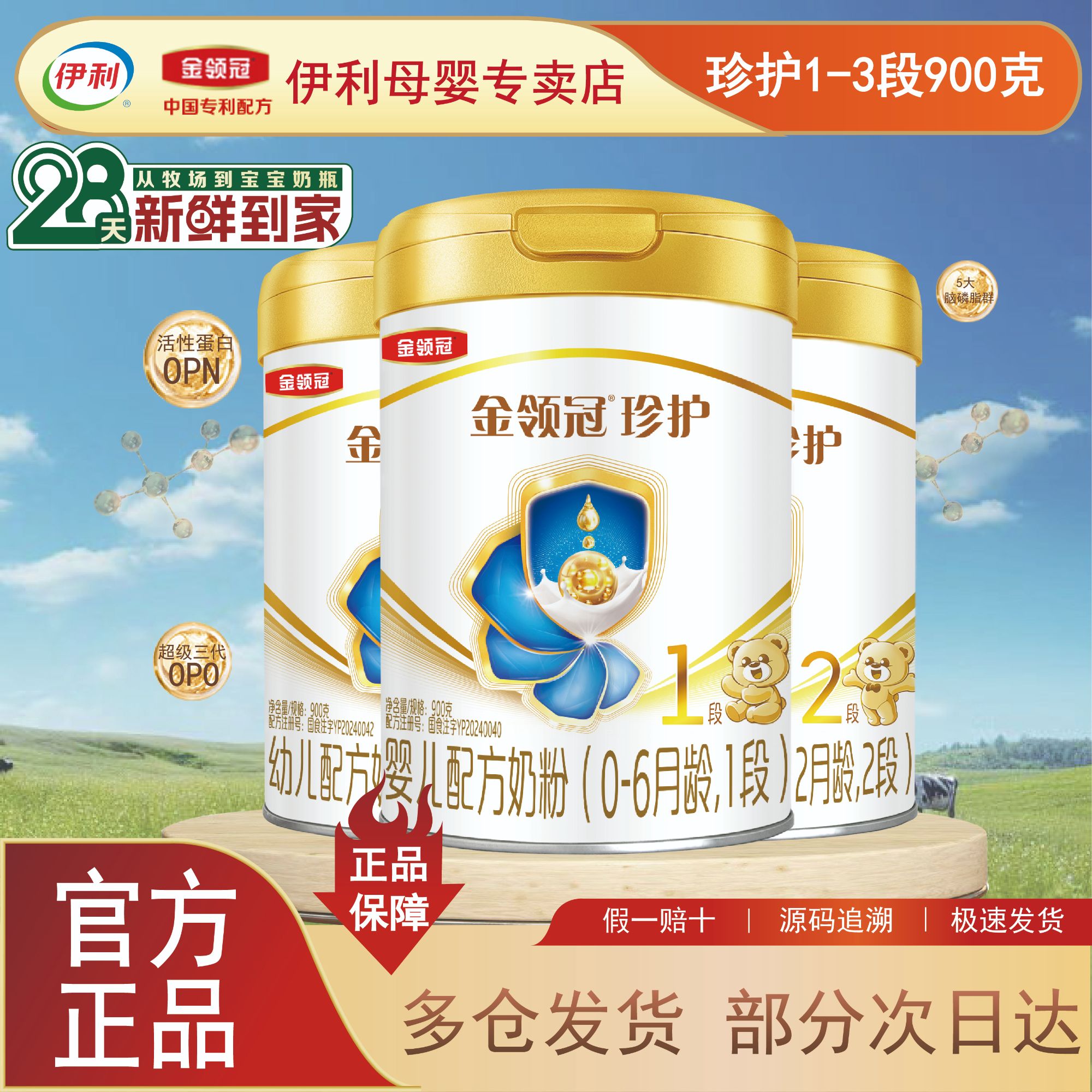 【28天新鲜营养】伊利金领冠珍护1/2/3段900g罐装12-36个月婴儿奶粉