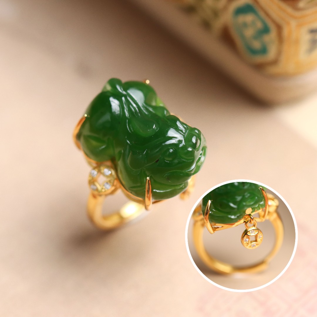 S925银镀金镶嵌和田碧玉招财貔貅送礼女款戒指