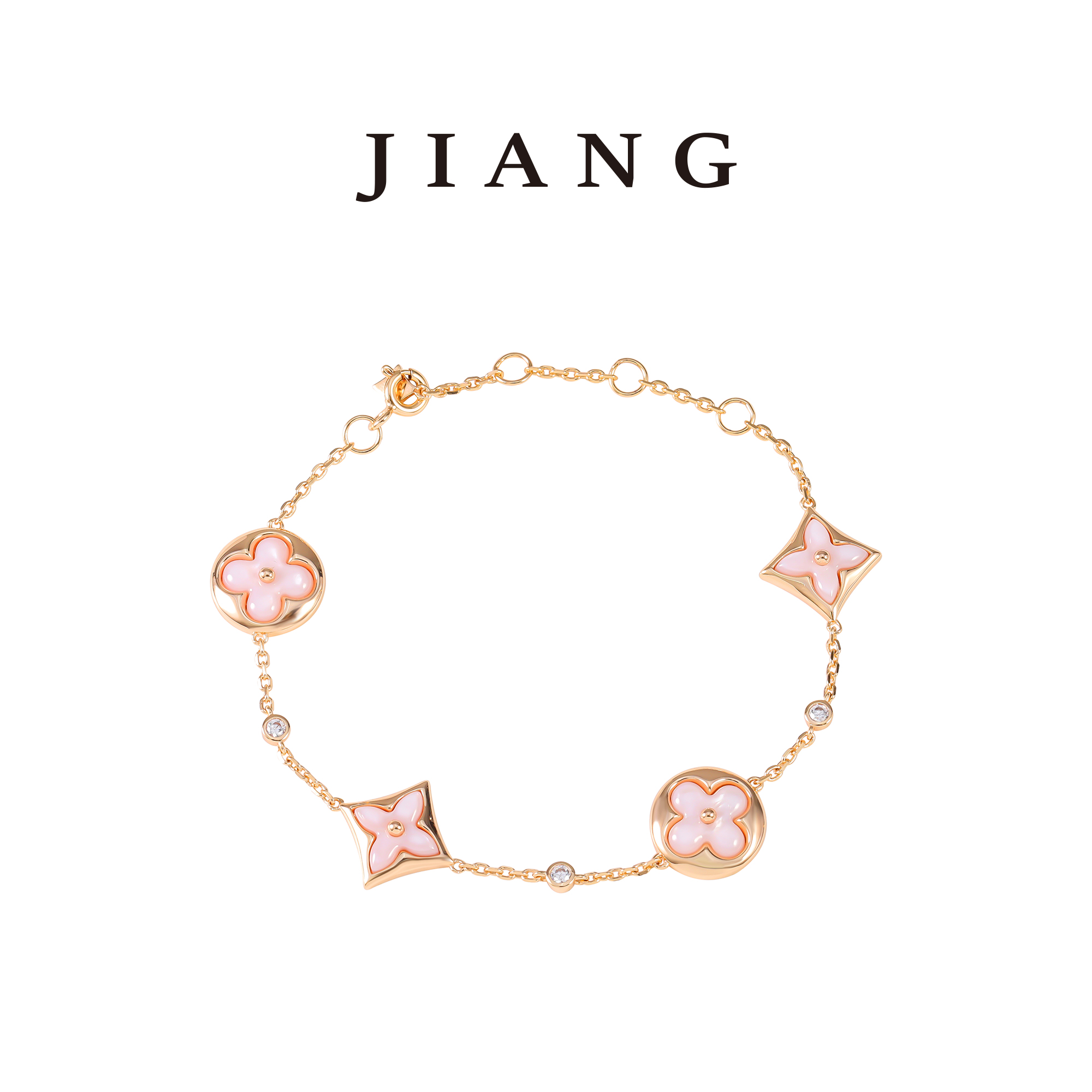 925银合成锆石手链 CNC精工 锆石浅粉四花手链时尚  0049