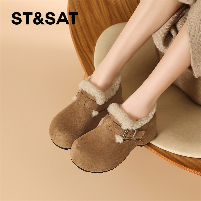 星期六加绒保暖棉鞋女新款2025冬季厚底高跟毛绒勃肯鞋雪地靴Z