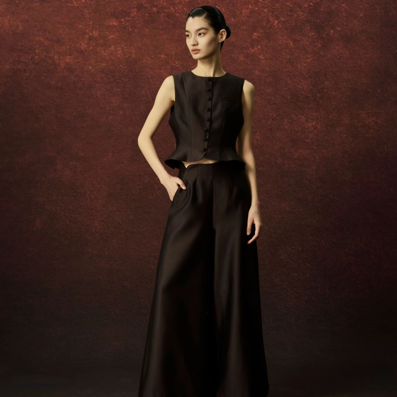 【秀场款】JUNYANG 茶褐丝毛中式立领修身短马甲