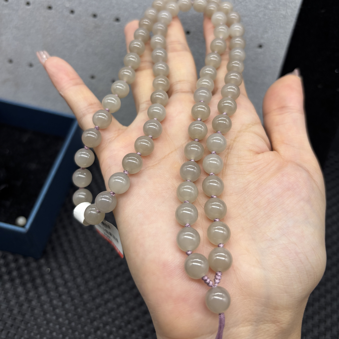 精美天然和田玉藕粉圆珠8mm玉石挂坠绳项链长链毛衣链时尚百搭款