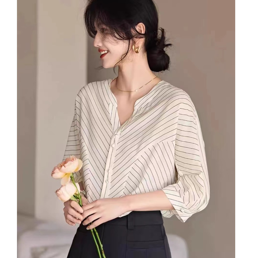 CYM542V领条纹衬衫女中袖2024夏季衬衣五分袖上衣